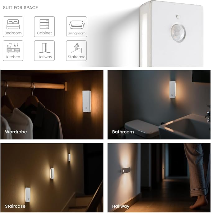 LED Backlit Motion Sensor Night Light, Rechargeable Night Light, Mini Stick-On Night Lights, Soft Two-Sided Glow, Magnetic, 3-Color Adjustable, for Bedroom, Toilet, Hallway & Cabinet