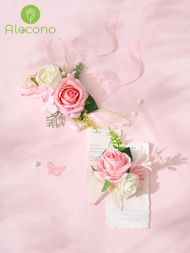Alecono Pink Corsage and Boutonniere Set, Corsages for Bride Bridesmaid Groom Bridegroom, Artificial Flowers for Prom Graduation Ceremony Anniversary