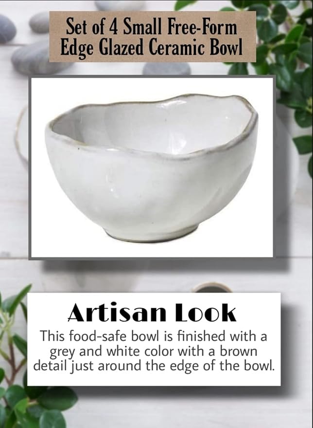 Serene Spaces Living Set of 4 Extra Small Free-Form Edge Glazed Ceramic Bowl, Wedding Planners, Event Stylists, Home Decor, Restaurant Tablescapes, 4" Diameter, 2.25" Tall