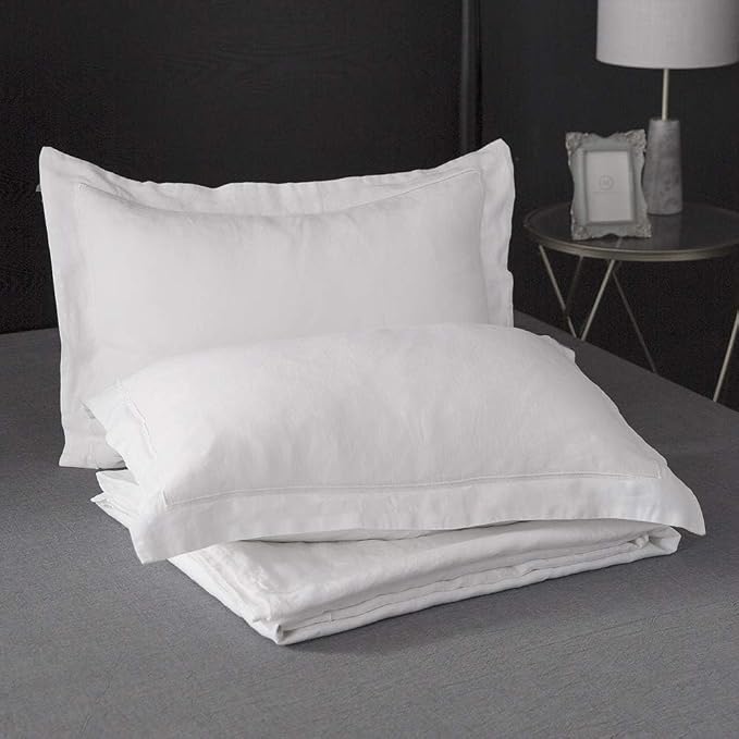 Simple&Opulence 100% Linen Duvet Cover Set with Embroidery Border Washed - 3 Pieces (1 Duvet Cover with 2 Pillow Shams) with Button Closure Soft Breathable Farmhouse - White, Full Size