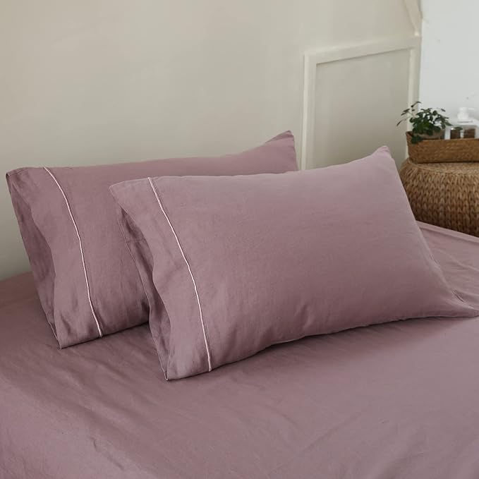 Simple&Opulence 100% French Linen Pillowcase King Size-Set of 2- Washed Solid Color Pillow Cases Embroidered -Soft and Durable (Purple, 20''x40'')