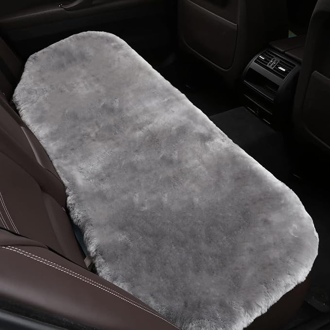 OGLAND Fuzzy Genuine Sheepskin Car Rear Seat Cover for Kids Dogs Pets Auto Bench Back Cushion Interior Accessories with Soft Fluffy Wool Natural Fur, Misty Gray