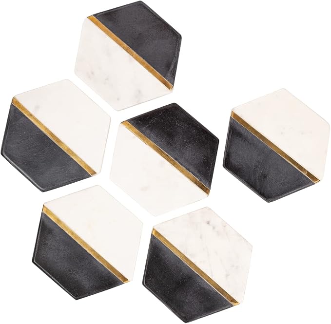 GoCraft Hexagon Marble Coasters for Drinks – Set of 6 Handcrafted Modern Coasters – White & Black Marble with Gold Brass Inlay – Luxury Drink Coasters for Beverages, Wine, Coffee, Bar Glasses