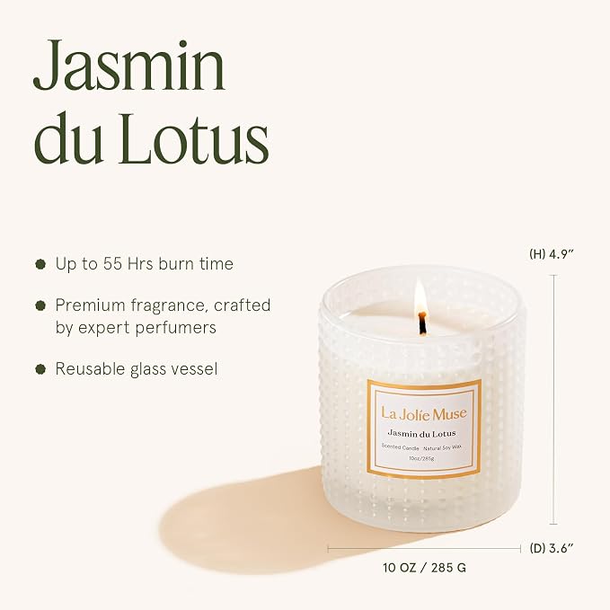 LA JOLIE MUSE Jasmine Lotus Scented Candles for Home, Natural Soy, 55 Hrs | Large Jar Luxury Candles, Clean Non Toxic, Floral Candle Gifts for Women & Mom, Decorative White Candles, Engaged Candle Gift