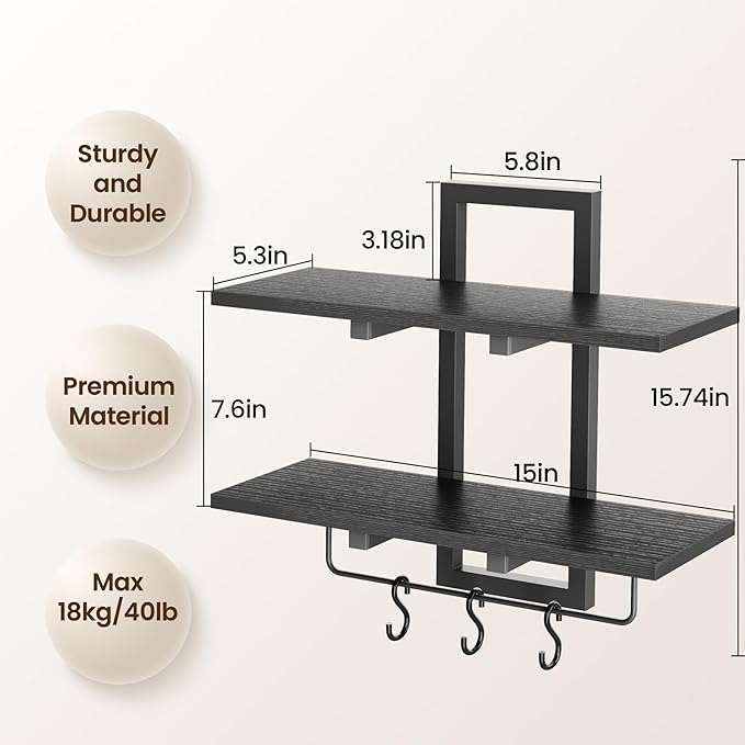 Creso hom Floating Shelves, 15" Wall Shelf Set of 2, Hanging Bathroom Shelves 2-Tier, Wall Mounted Storage Shelves, for Living Room Bedroom Bathroom Kitchen Office Coffee Bar, Black