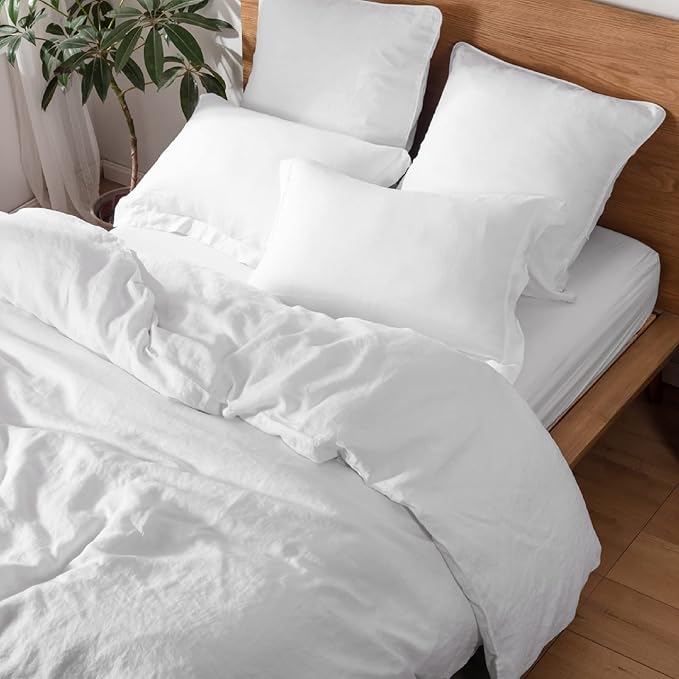 Simple&Opulence 100% Linen Pillow Case Queen Size Set of 2, White Pillow Covers with Overlap Closure, Luxury Breathable Pillowcases Protectors Suitable for All-Season (20" X 26", White)