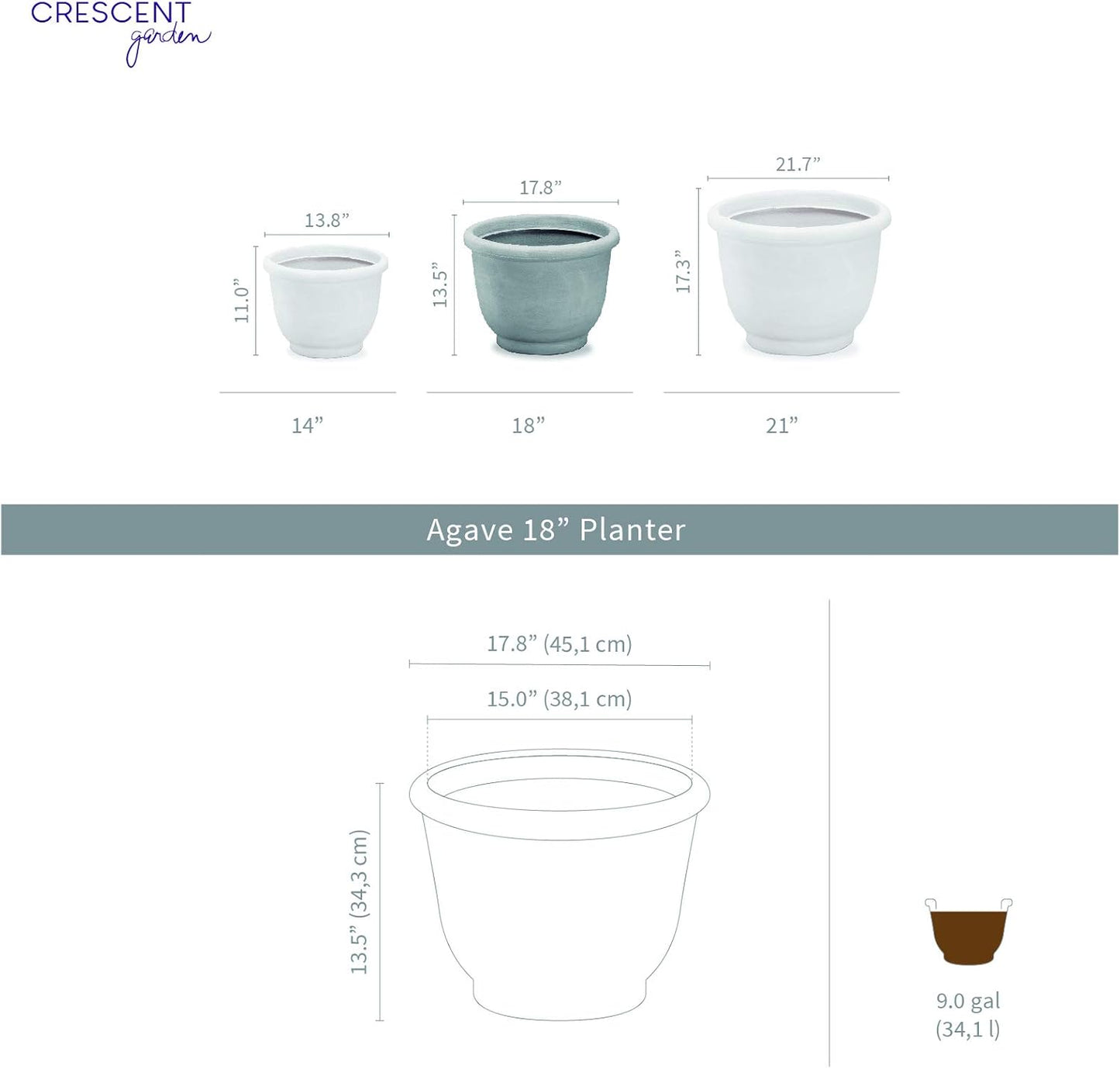 Crescent Garden Agave Planter, Charming Old-World Plant Pot, 14-Inch (Parchment)