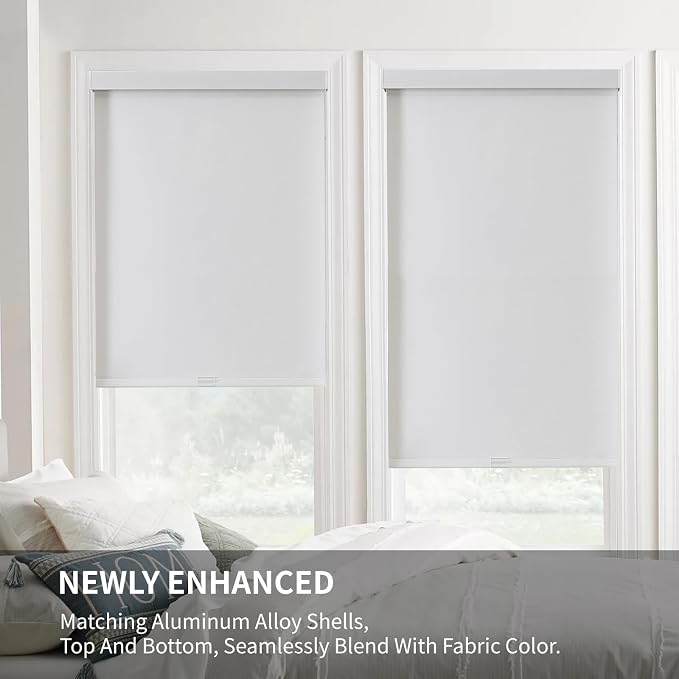 Joydeco 100% Blackout Roller Shades (Pro), Free-Stop Cordless Blinds for Windows, UV Protection, Natural Woven Blinds for Home and Office, Light-Proof Aluminum Cover (White, 43" W x 75" H)