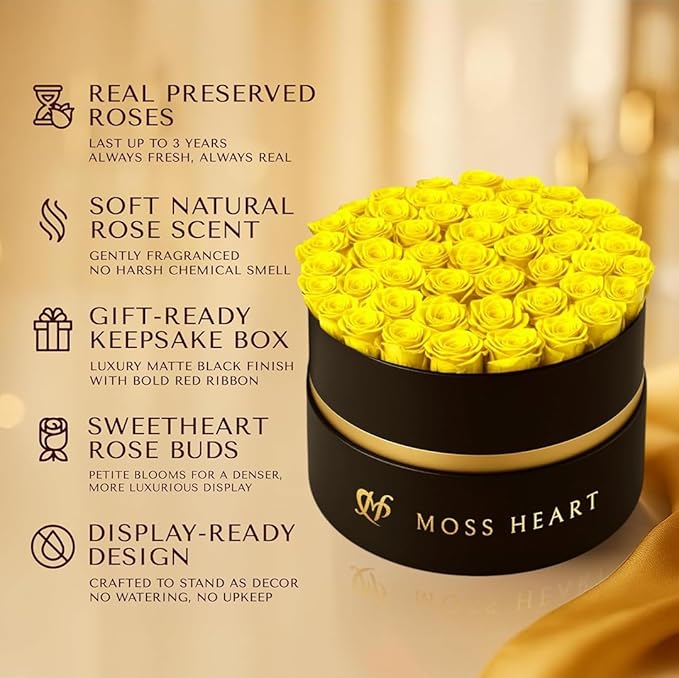 50 Petite Preserved Roses, Designer Round Box, Real Forever Roses Last 1+ Year, Premium Gift for Women, Wife, Girlfriend, Mother’s Day, Birthday, Anniversary, Valentine’s Day