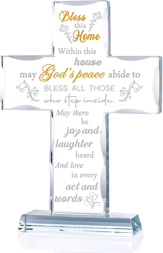 Ornalrist Housewarming Gifts New Home Glass Stand Cross Religious Keepsake, House Warming Gift for Couples, Women, Men - Christian Families Decor