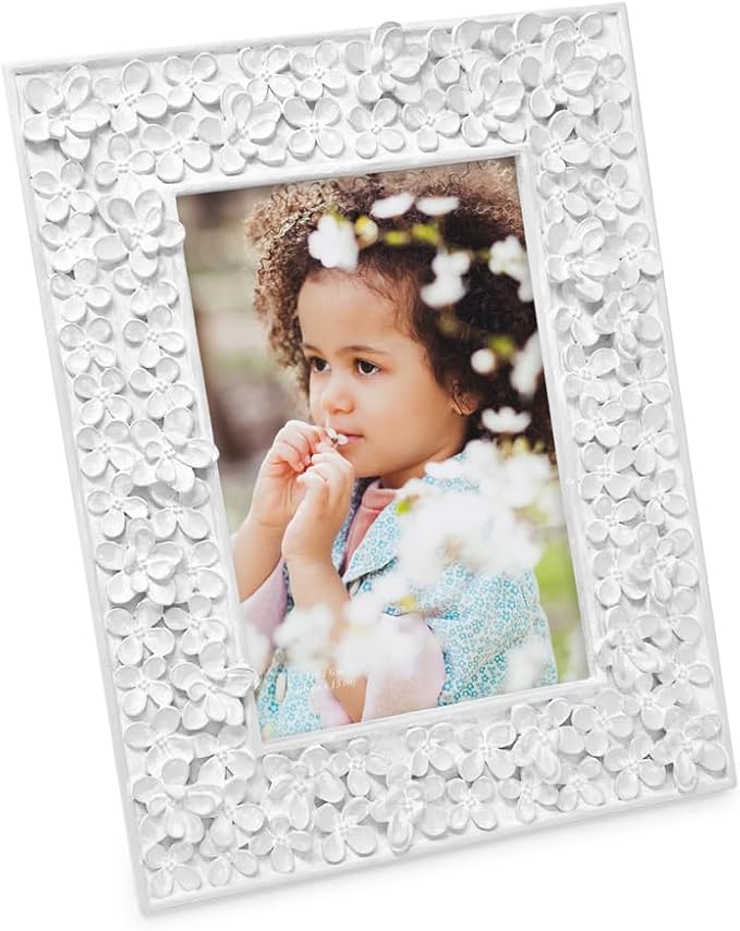 Isaac Jacobs 4x6 White Flower Textured Hand-Crafted Resin Picture Frame w/Easel & Hook for Tabletop & Wall Display, Decorative Floral Design Home Décor, Photo Gallery, Art (4x6, White)