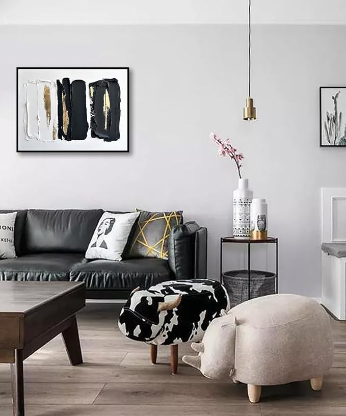 Sofoney - Black Framed Black and White Abstract Wall Art with Gold Foil Hand Painted Black and Gold Brushstrokes Oil Painting Heavy Textured Canvas Wall Decor for Living Room Bedroom Bathroom- 18"x24"