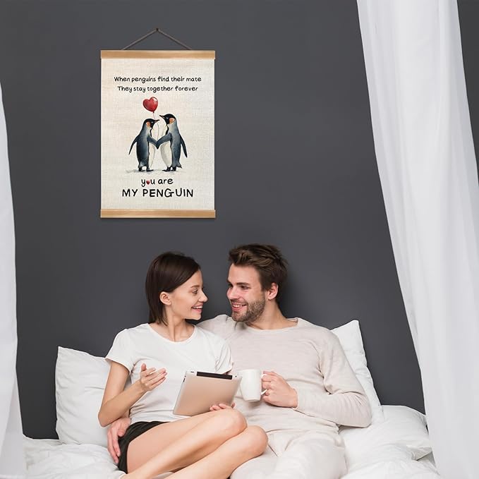Penguin Love Canvas Wall Art, Romantic Couple Poster with Wooden Frame, Hanging Home Decor,Cute Penguins Poster Gifts for Wife,Husband,Boyfriend and Girlfriend,or Valentine's Day Gift 12x16inches