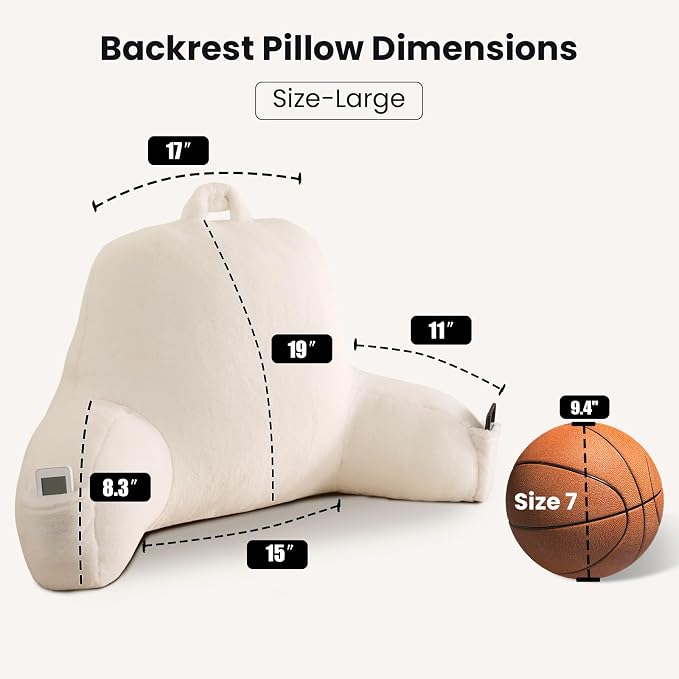 Large Plush Backrest Pillow for Sitting in Bed,Faux Fur,White | 19" Back Pillow with Arms Supports Adults,College Students,Elbows & Forearms for Dorm Reading,Gaming,Watching TV