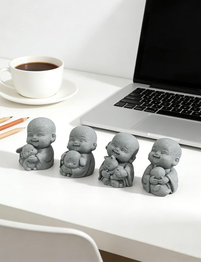 4PCS Buddha Statue, Laughing Buddha Bring Good Luck, Cute Small Zen Monk Feng Shui Decor, Sandstone Sculptures for Home and Aquarium Decor