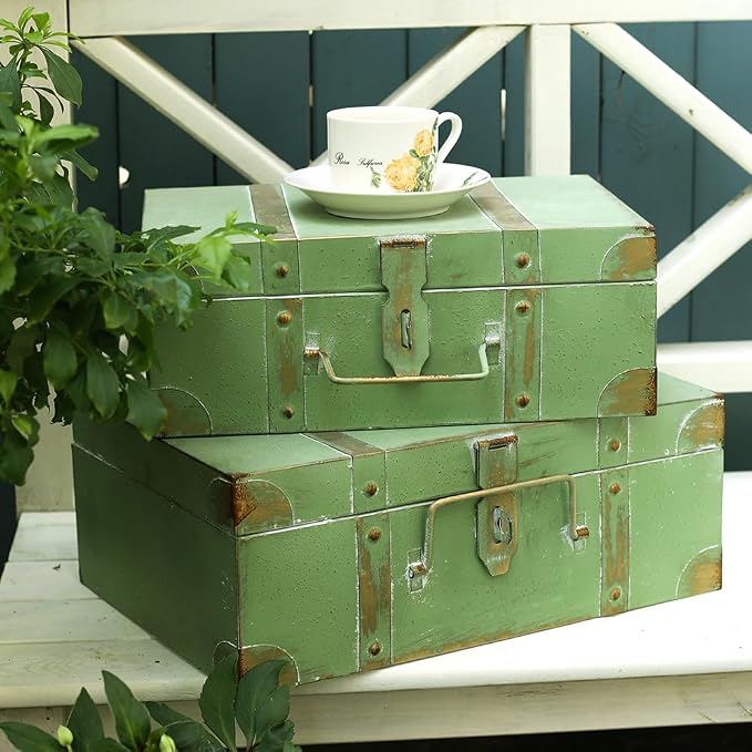 Vintage Metal Storage Trunks - Set of 2, Antique Decorative Storage Chests with Lids, Decorative Suitcase Boxes, Vintage Suitcases for Keepsakes and Home Decor, Green