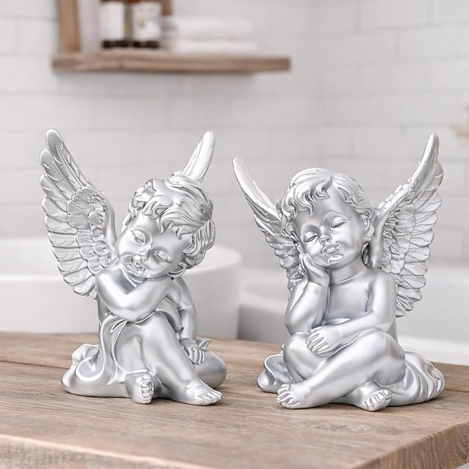 OwMell Set of 2 Cherubs Angels Resin Statue Figurine, Indoor Home Decoration, Adorable Angel Sculpture Memorial Statue 4" - Silver