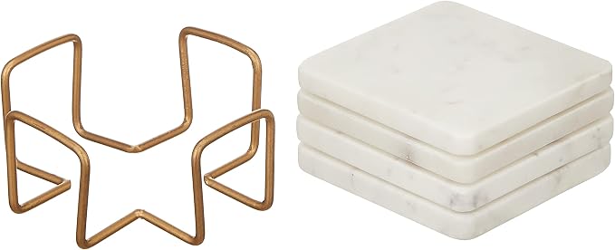 Queenza White Marble Coaster Set with Holder, 4 Inch Square Modern Coasters for Coffee Table - Coasters with Padded Bottom