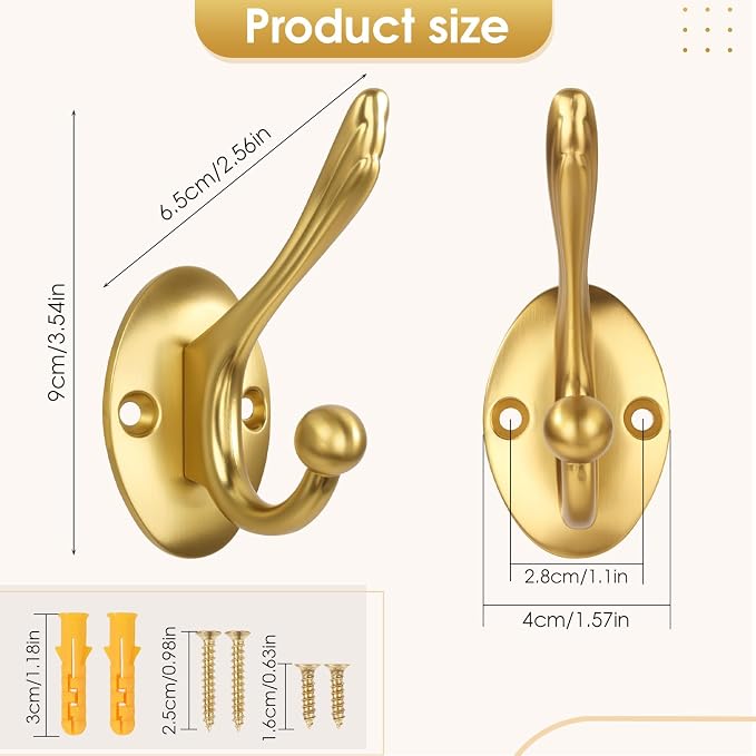 Brushed Gold Heavy Duty Wall Hooks – 6 Pack Black Coat Hooks for Hanging Coats,Robes,Bags,Hats,Wall Mounted with Includes Two Types of Installation Screws TYDLSJ