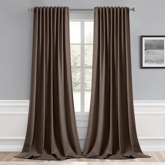 MIULEE Chocolate Brown Back Tab Blackout Curtains 108 Inch Long 2 Panels Set for Bedroom, Rod Pocket/Pinch Pleat Extra Long Thermal Insulated Living Room Darkening Pleated Light Blocking Drapes