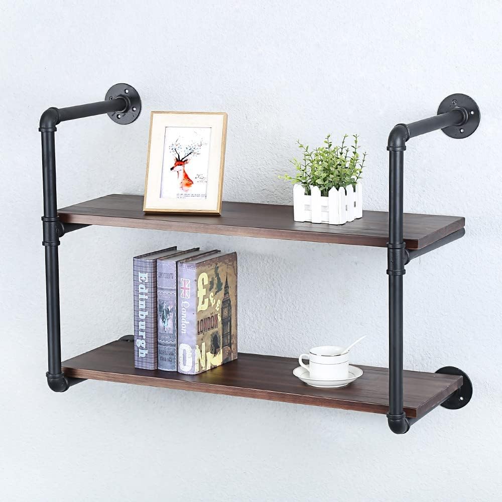 Industrial Pipe Shelving Wall Mounted,30in Rustic Metal Floating Shelves,Steampunk Real Wood Book Shelves,Wall Shelf Unit Bookshelf Hanging Wall Shelves,Farmhouse Kitchen Bar Shelving(2 Tier)
