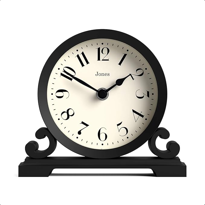 JONES CLOCKS® Saloon Mantel Clock | Small Traditional Double Scroll Design | Black | Contemporary Classic Style for Desk, Table, Shelf or Bedside