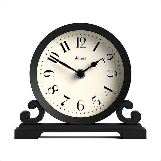JONES CLOCKS® Saloon Mantel Clock | Small Traditional Double Scroll Design | Black | Contemporary Classic Style for Desk, Table, Shelf or Bedside