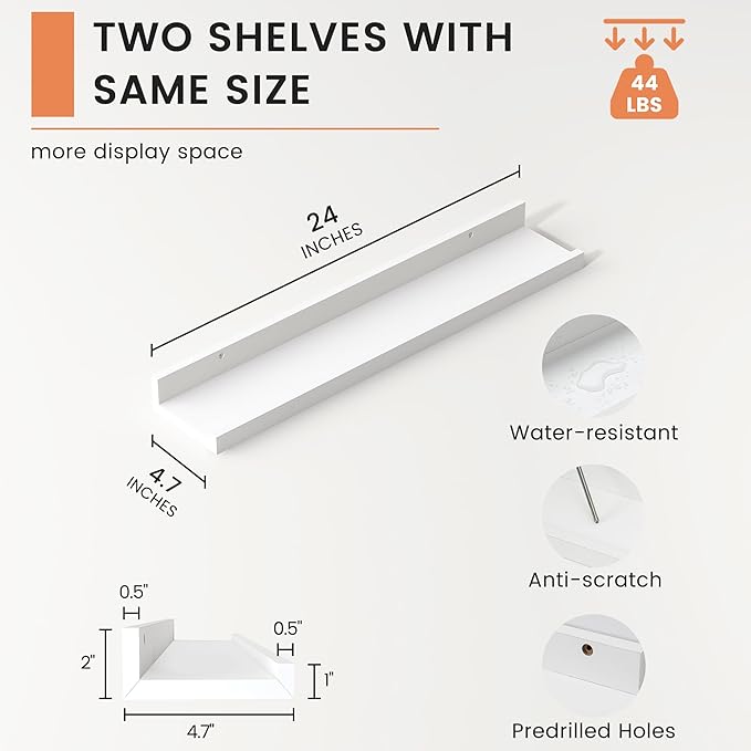 FLYJOE Picture Ledge Shelf, Floating Shelves Set of 2, 24 Inches Nursery Book Shelves for Toys Storage, Kids Bookshelf Wall Mounted for Living Room Bedroom Decor Books Photo Frames, White