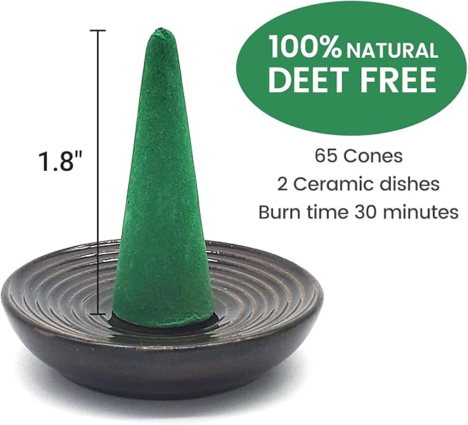 Citronella Incense Cones with 2 Ceramic Dishes | Made with Plant-Based Ingredients | Citronella | Lemongrass Oil | Rosemary Oil | Suitable for Indoor and Outdoor Use (65 Cones)