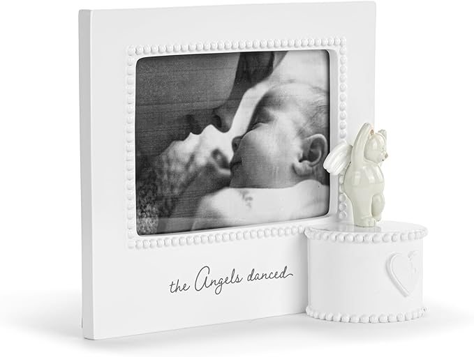 DEMDACO Musical Frames Collection Angels Danced White Beaded 8 x 7 Resin Keepsake Baby Picture Frame with Angel Bear Figurine & Trinket Box – Christening, Newborn, or Memorial Gift, Holds 4x6 Photo