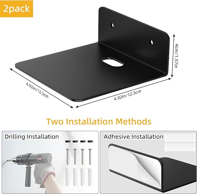 Wisfame Small Floating Shelves for Wall, 5 Inch Metal Wall Shelves - Adhesive Installation, Display Ledges Set of 2, Perfect for Echo, Cameras, Mini Decor, Funkos, Figurines (Black)