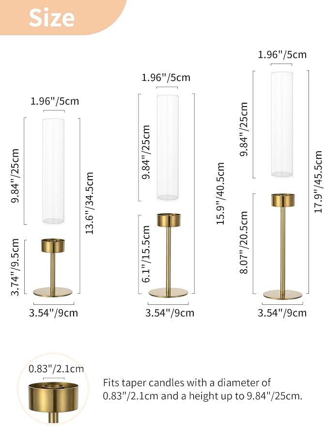 NUPTIO Candlestick Holders for Table Centerpiece: Set of 3 Gold Candle Sticks Holder with Clear Glass Hurricane - Tall Brass Taper Candle Holders for Outdoor Wedding Birthday Decor