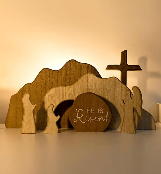【He is Risen】Empty Tomb Scene Spring Easter Decorations, Jesus Nativity Resurrection Figurines Set With Wooden Cross For Home, Office, Table, Shelf, Mantle Decor – Christian Catholic Religious Gifts