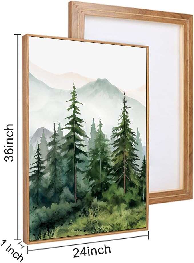 Boho Green Mountain Range Framed Canvas Wall Art Set, Watercolor Pine Tree Wall Decor, Foggy Forest Woodland Wall Painting, Modern Wilderness Art Print for Living Room, Bedroom, Office 24"x36"x3