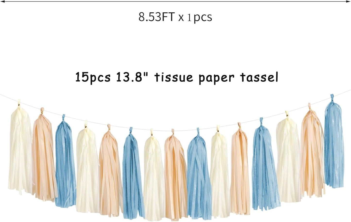 Dusty-Blue Baby-Shower Party-Decorations Tassel-Garland - 15pcs Neutral Boho Birthday Wedding Bridal Tassels, Beige Champagne Banner Streamers, Engagement Bachelorette Decor Panduola