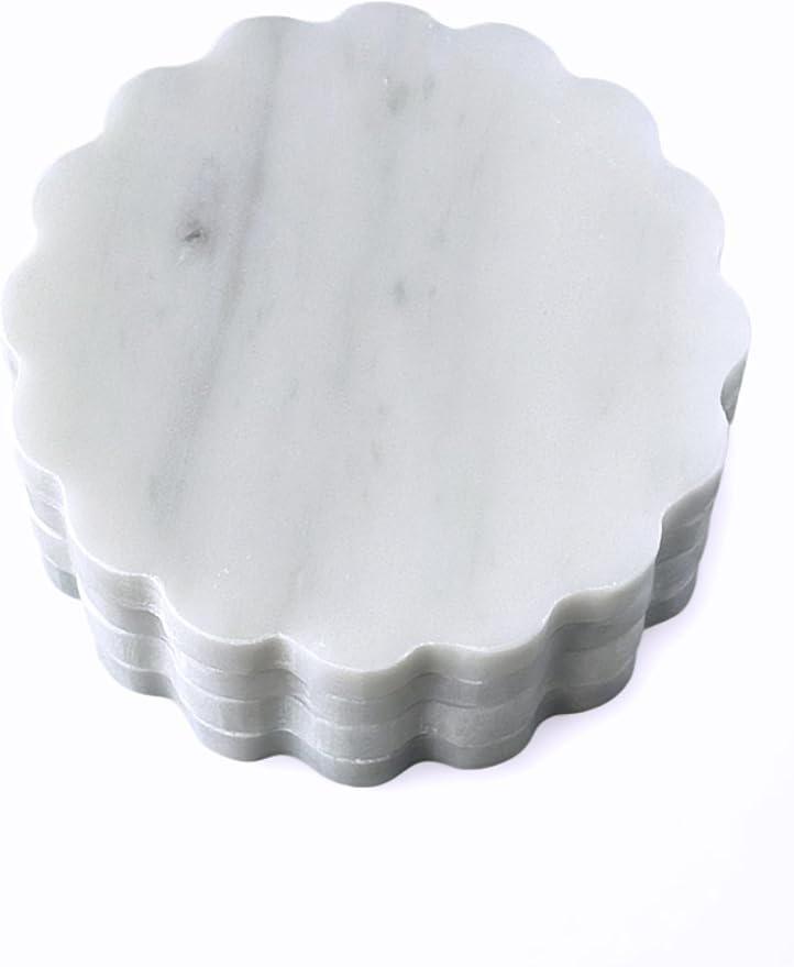 Marble Coasters Set of 4 - Natural Stone Coaster for Drinks, Modern Cup Holders, Bar Coffee Table Desk Decor, Cool Home Decor 4" (Calacatta White, Scalloped Wave)