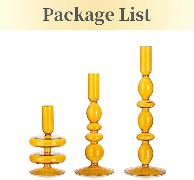 Hewory Glass Candlestick Holders: Light Amber Glass Taper Candle Holders Set of 3 Vintage Candle Stick Candle Holder, Colorful Glass Candle Holder for Table Centerpiece Wedding Dinner Party Home Decor