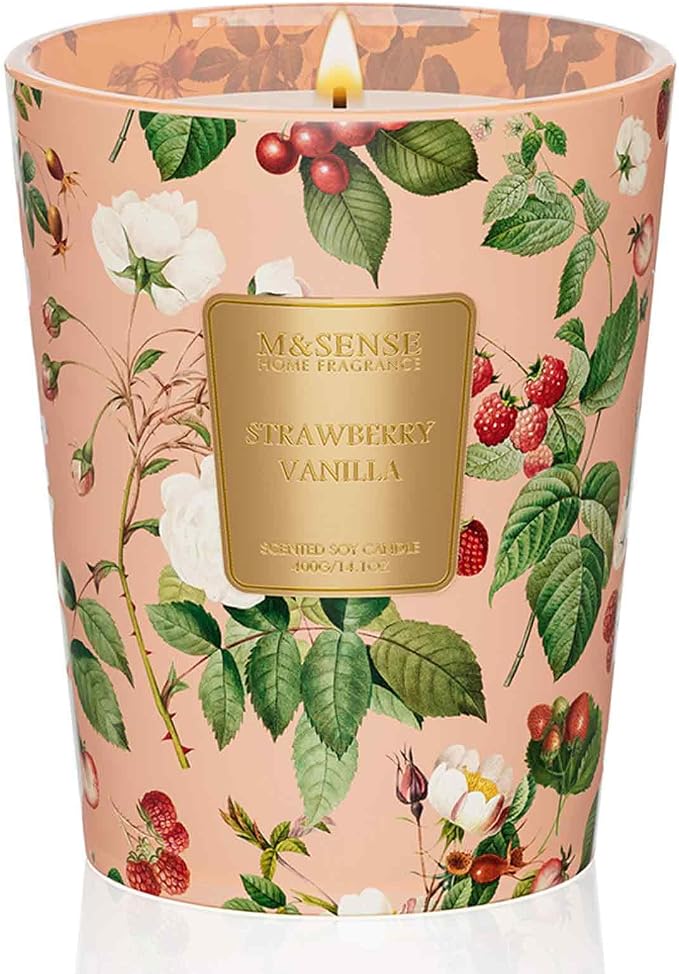 M&SENSE Strawberry Vanilla Soy Candle, 14.1oz, Cozy Romance Candles Gift | 60H Long Burn, Non-Toxic, Bedroom Date Night, Stress Relief, Relaxation, Fancy Gifts for Women