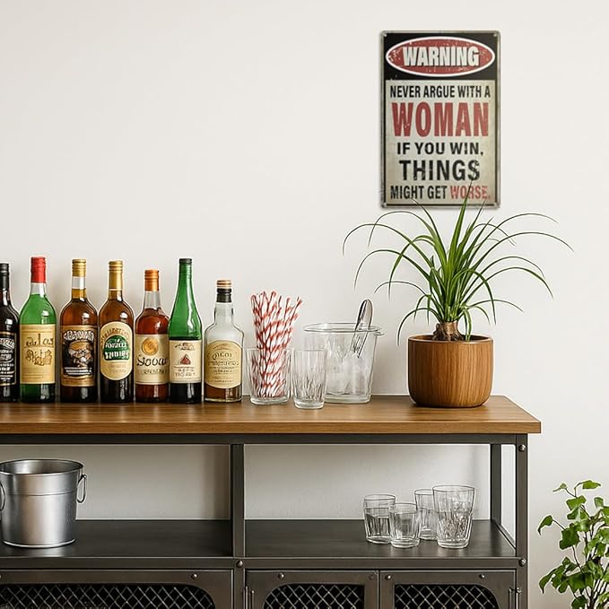 Vintage Man Cave Decor Signs – 'Never Argue With a Woman' | 12x8″ Funny Metal Sign for Man Cave, Garage, or Workshop Wall Decor – Man Cave Accessories & Gifts for Men, 2455