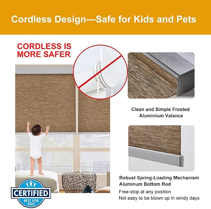 Persilux Roller Shades Light Filtering Cordless Free-Stop Roller Blinds for Windows (Brown 31" W x 72" H) Natural Woven UV Protection Privacy Window Shades for Home, Living Room, Office, Doors, Patio