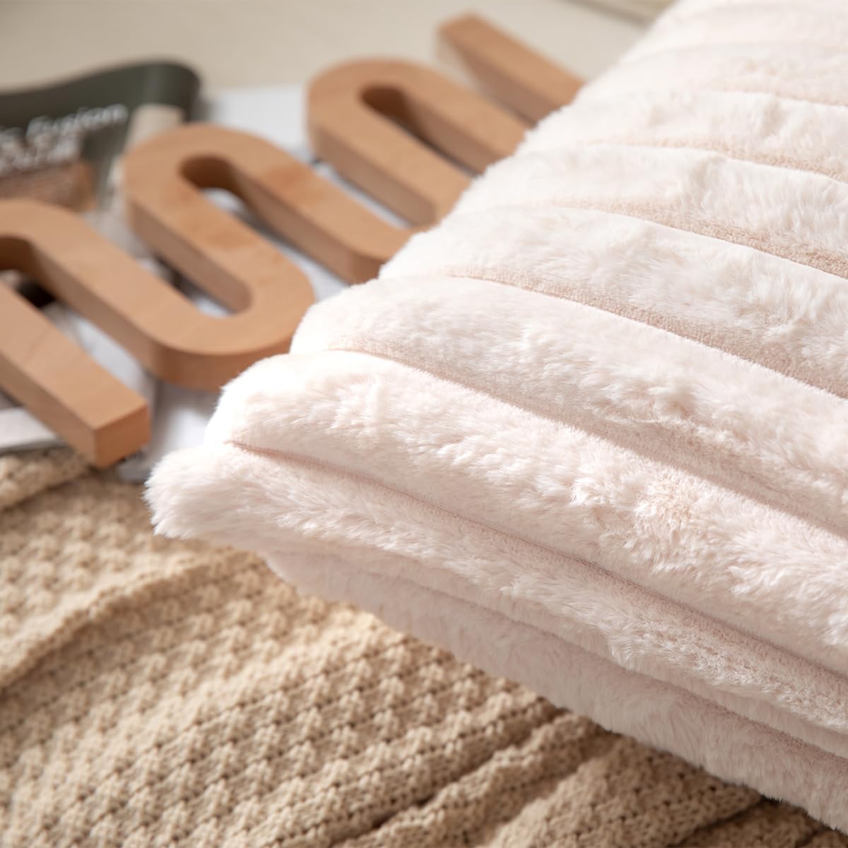 DEELAND Pack of 2,Double-Sided Faux Fur Plush Decorative Throw Pillow Covers Fuzzy Striped Soft Pillowcase Cushion Covers for Sofa Couch Bedroom Beige 12x20 inch