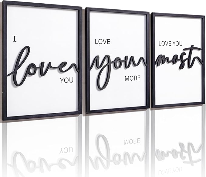 3D Wood I Love You Sign, Framed Love You More Sign 36x16”, Black And White Wall Decor for Bedroom Room Living Room (12x16 inches, Set of 3, Framed)