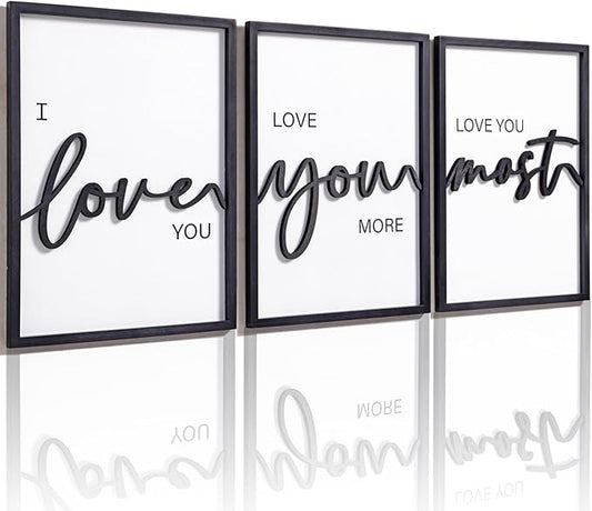3D Wood I Love You Sign, Framed Love You More Sign 36x16”, Black And White Wall Decor for Bedroom Room Living Room (12x16 inches, Set of 3, Framed)