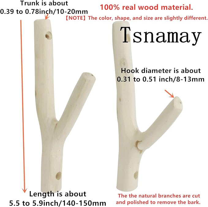 2Pcs Real Wood Tree Branch Wall Hook,Thickness 1cm-2cm with Screw | Farmhouse Rustic Decorative Wooden, Without Bark Trunk