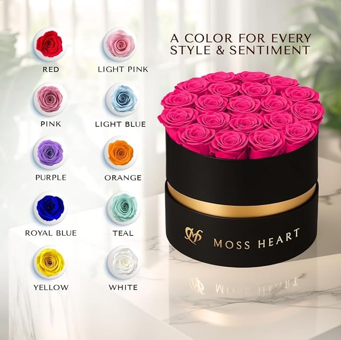 20 Mini Preserved Roses, Round Luxury Gift Box, Real Forever Roses Last 1+ Year, Premium Romantic Gift for Women, Wife, Girlfriend, Mother’s Day, Birthday, Anniversary, Valentine’s Day