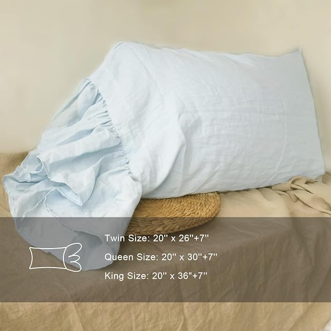 100% French Linen Pillowcase, Ruffles Pillow Cover, Pure Flax Pillow Sham, King Queen Twin Size 1 pcs (King, Water Blue)