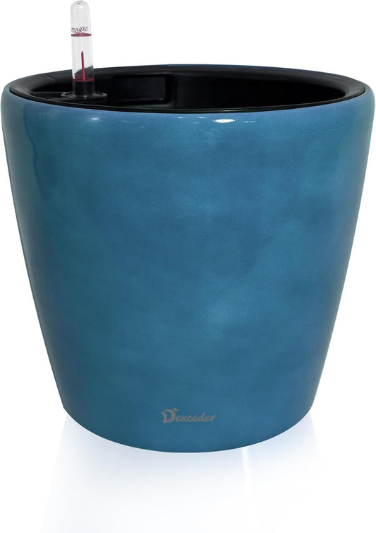 Dexceder 9x8 Inches Self Watering Planter Indoor Outdoor, Inner Pot Design, Thickened Table Flower Plant Pot with Water Level Indicator (Peacock Blue Gradient)