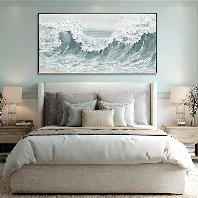 Sea Wave Abstract Light Green Wall Art for Living Room Artwork Canvas Art Wall Decor Painting Print Picture for Bedroom Office Hotel Home Decoration 24"x48"With Framed