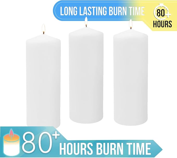Stonebriar Tall 3 x 8 Inch 80 Hour Long Burning Unscented White Wax Pillar Candles, 3 Count (Pack of 2)