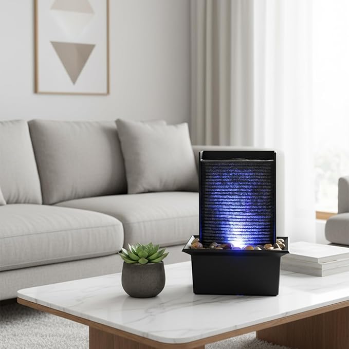 Small Indoor Relaxation Tabletop Fountain, Zen Meditation Waterfall Feature with Color LED Light & Natural Rocks, 4 Level Desk Waterfall for Home Office Bedroom Living Room Decoration (Style 2)